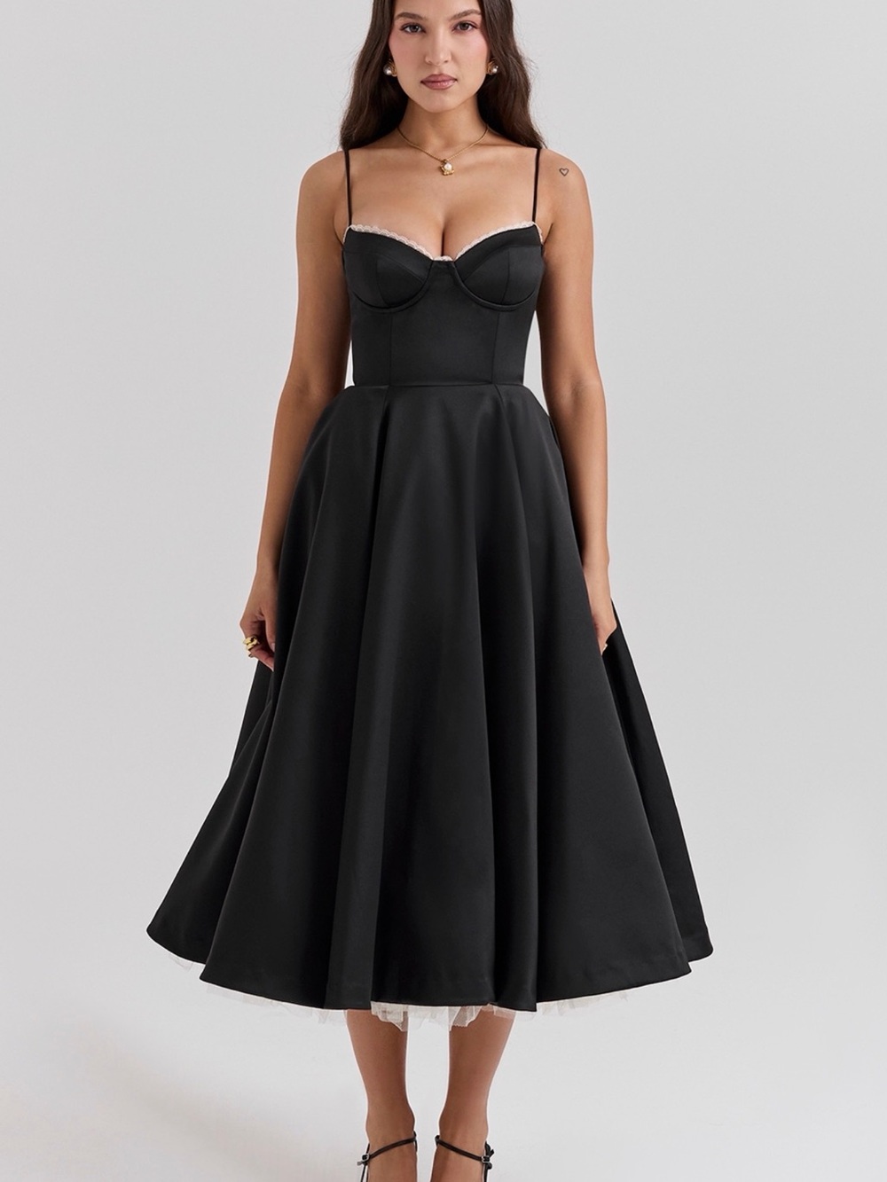 House of CB Black Midi Dress with White Lace Trim